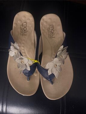 Malu Women's Navy Thong Sandals with Silver Floral Accents